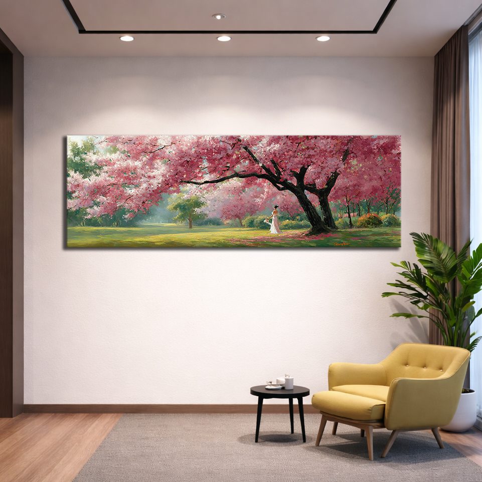 Pink Cherry Blossom Tree Park canvas wall art, unframed canvas