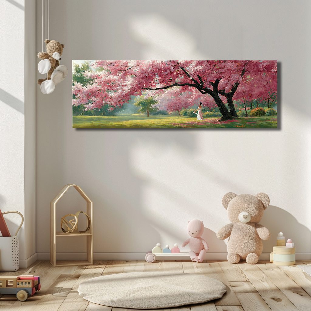 Pink Cherry Blossom Tree Park canvas wall art, unframed canvas