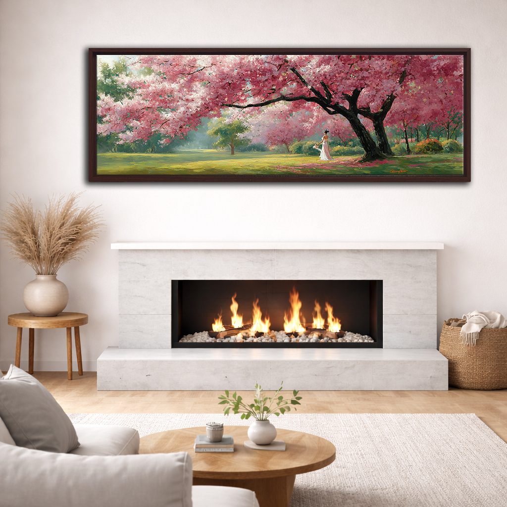 Pink Cherry Blossom Tree Park canvas wall art, walnut floating frame