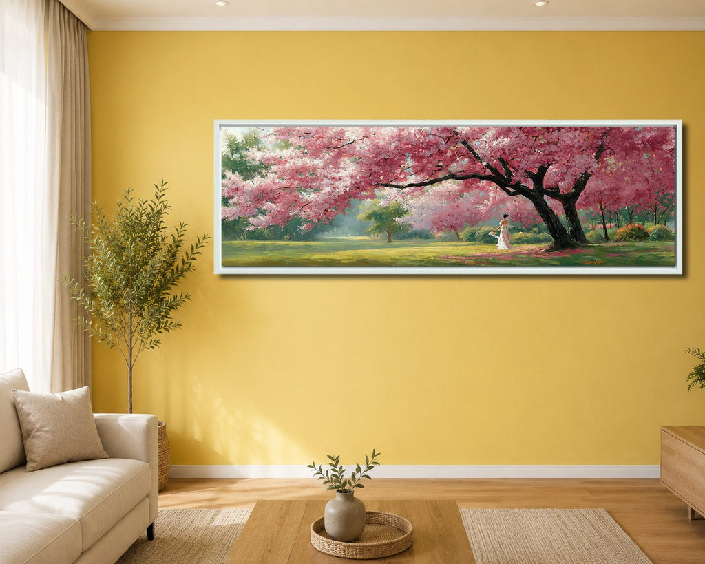 Pink Cherry Blossom Tree Park canvas wall art, white floating frame