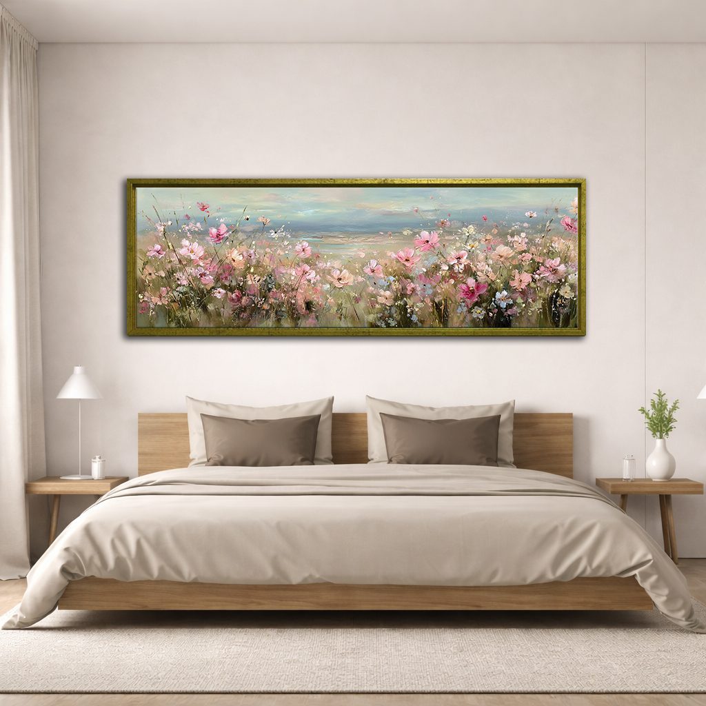 Pink Cosmos Flower Meadow canvas wall art, antique gold floating frame