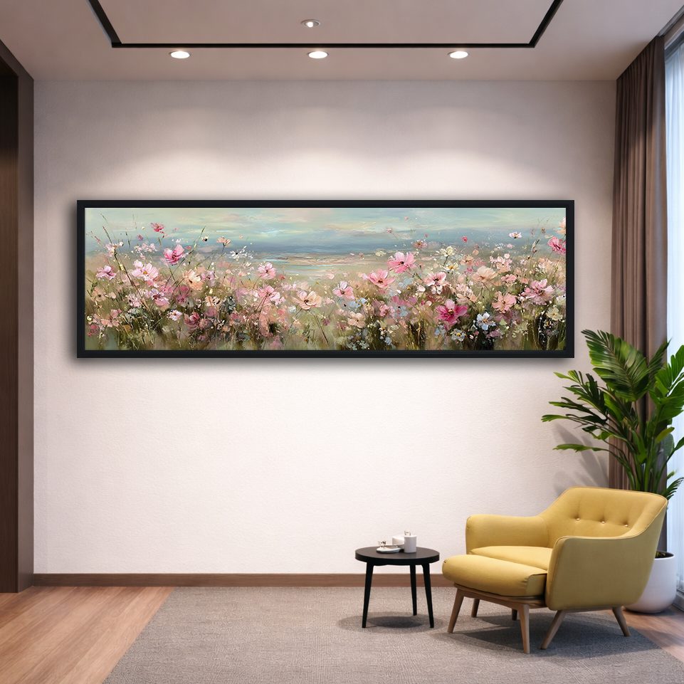 Pink Cosmos Flower Meadow canvas wall art, black floating frame