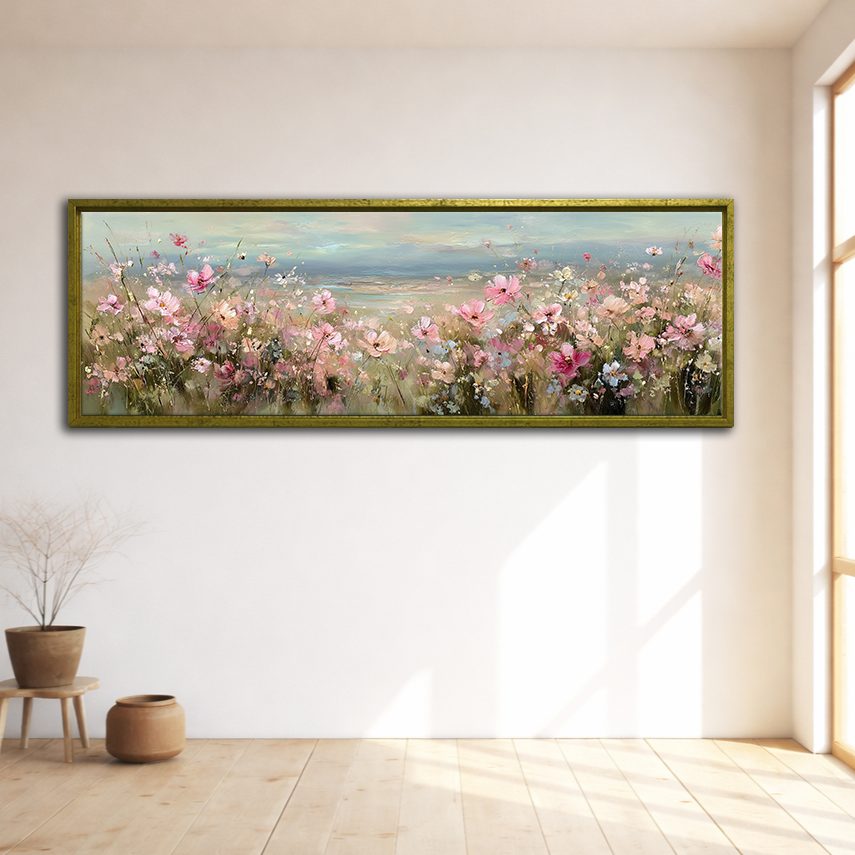 Pink Cosmos Flower Meadow canvas wall art, gold floating frame