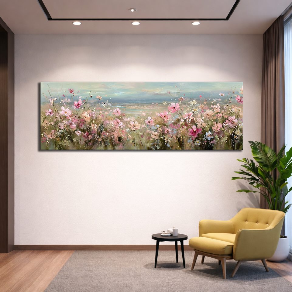 Pink Cosmos Flower Meadow canvas wall art, unframed canvas
