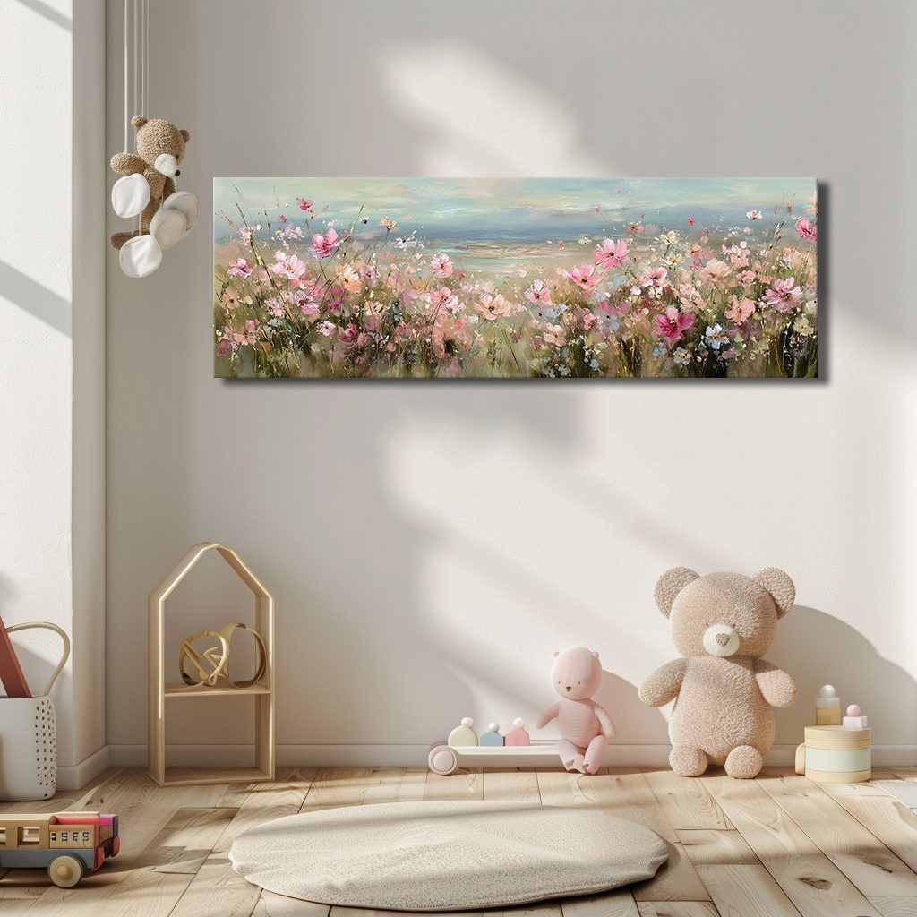 Pink Cosmos Flower Meadow canvas wall art, unframed canvas