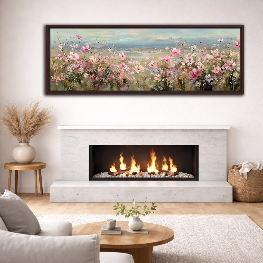Pink Cosmos Flower Meadow canvas wall art, walnut floating frame