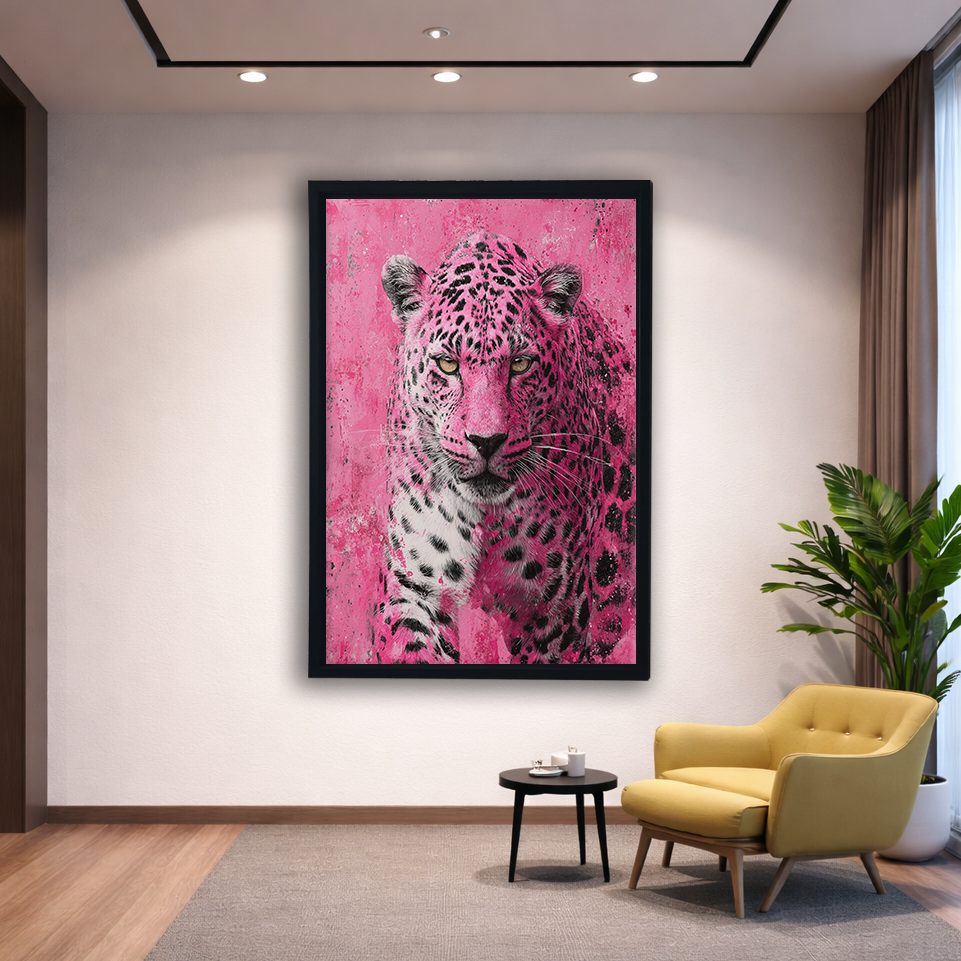 Pink Leopard Pop Art canvas wall art, black floating frame