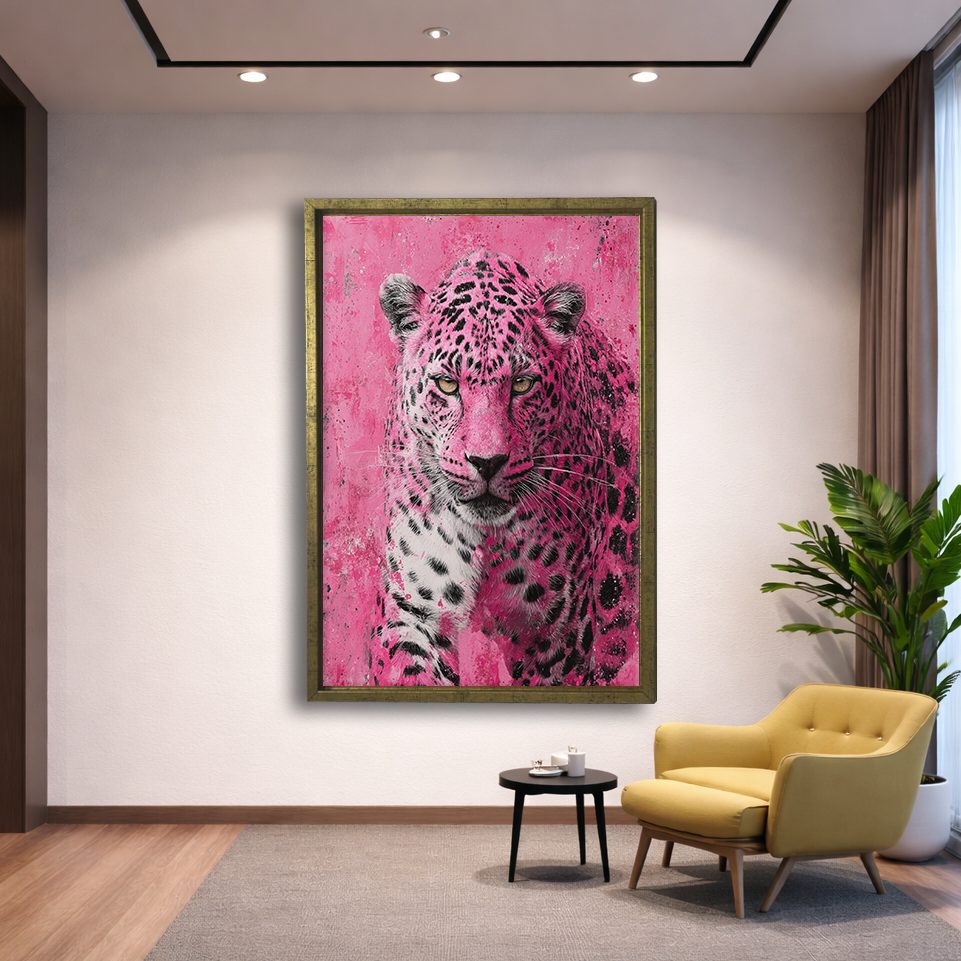 Pink Leopard Pop Art canvas wall art, gold floating frame