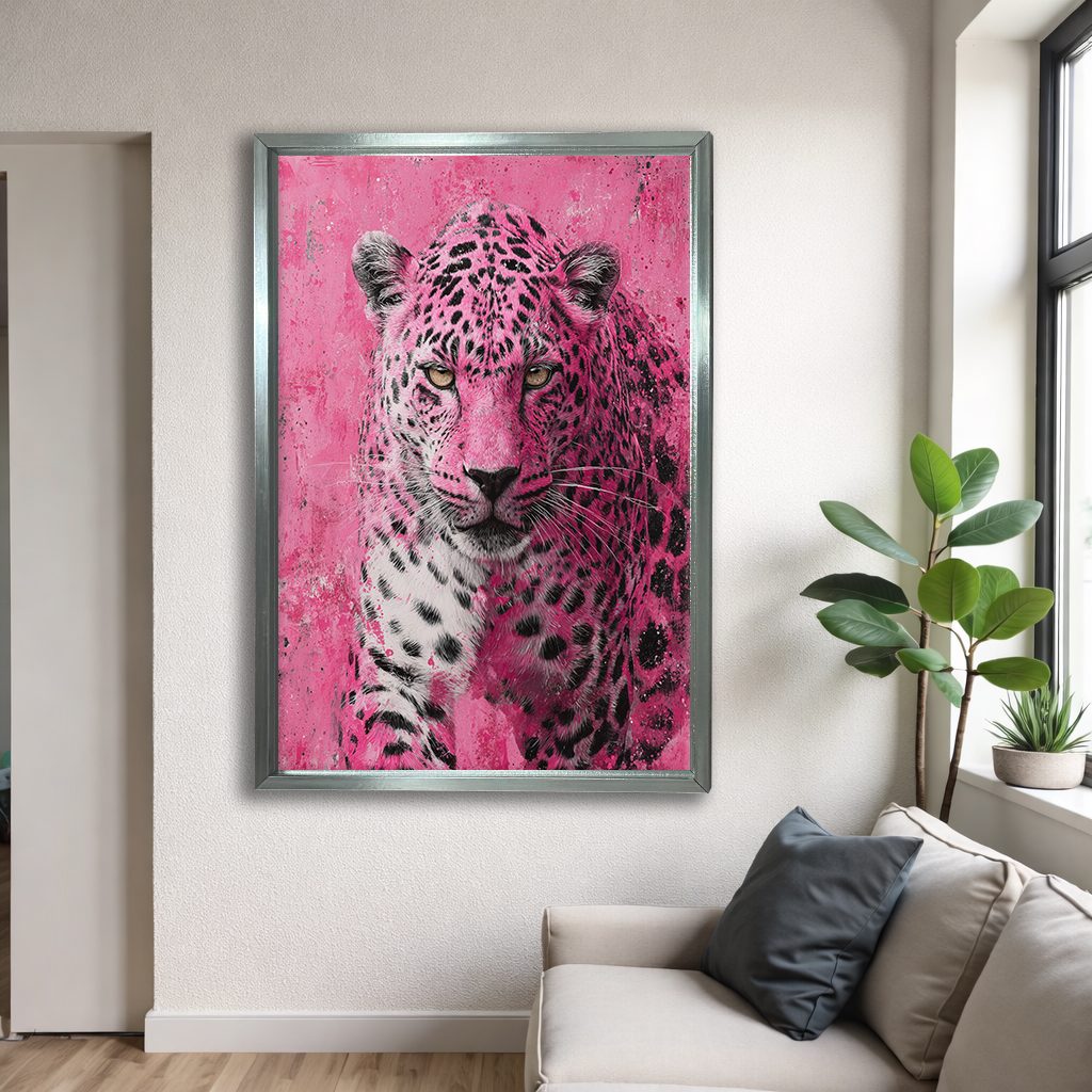 Pink Leopard Pop Art canvas wall art, silver floating frame