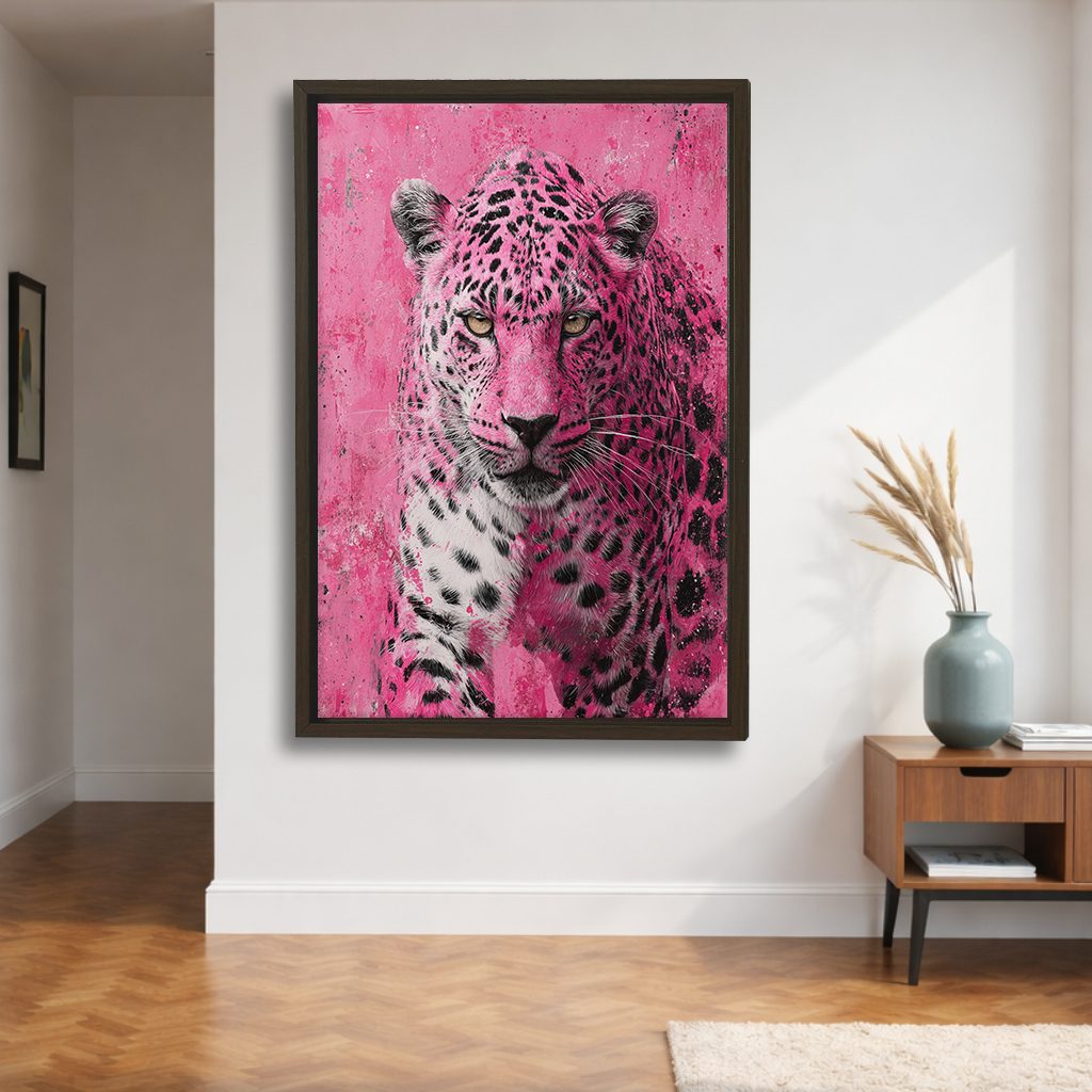 Pink Leopard Pop Art canvas wall art, walnut floating frame