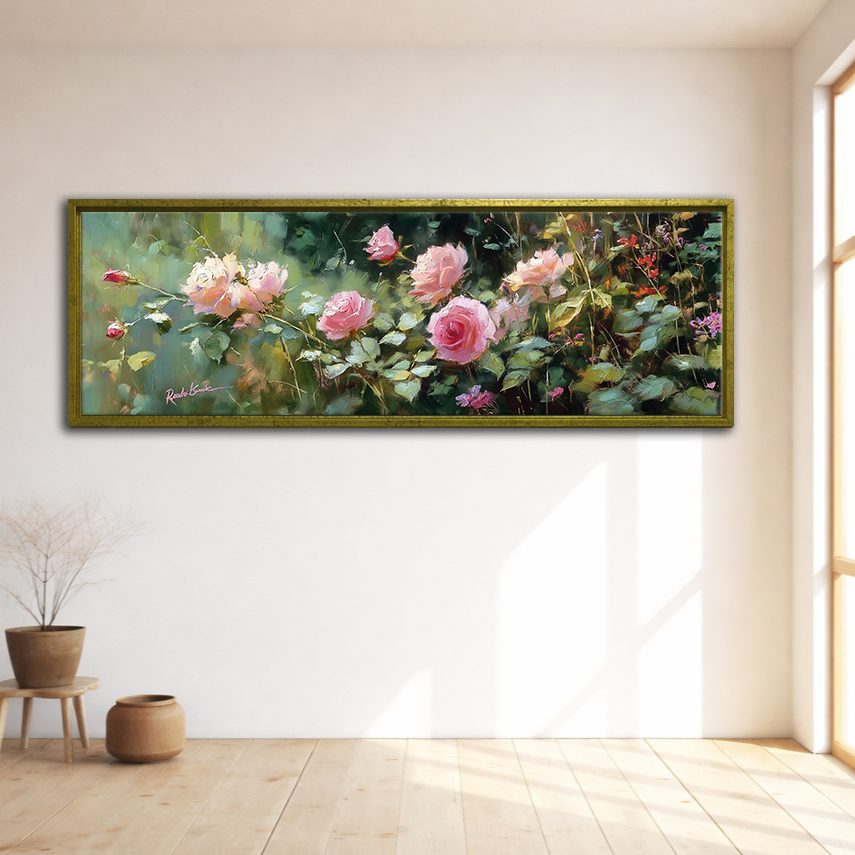 Pink Rose Garden canvas wall art, gold floating frame