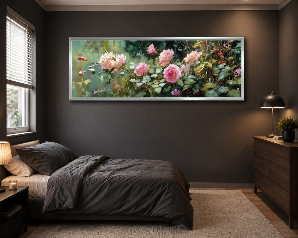 Pink Rose Garden canvas wall art, silver floating frame