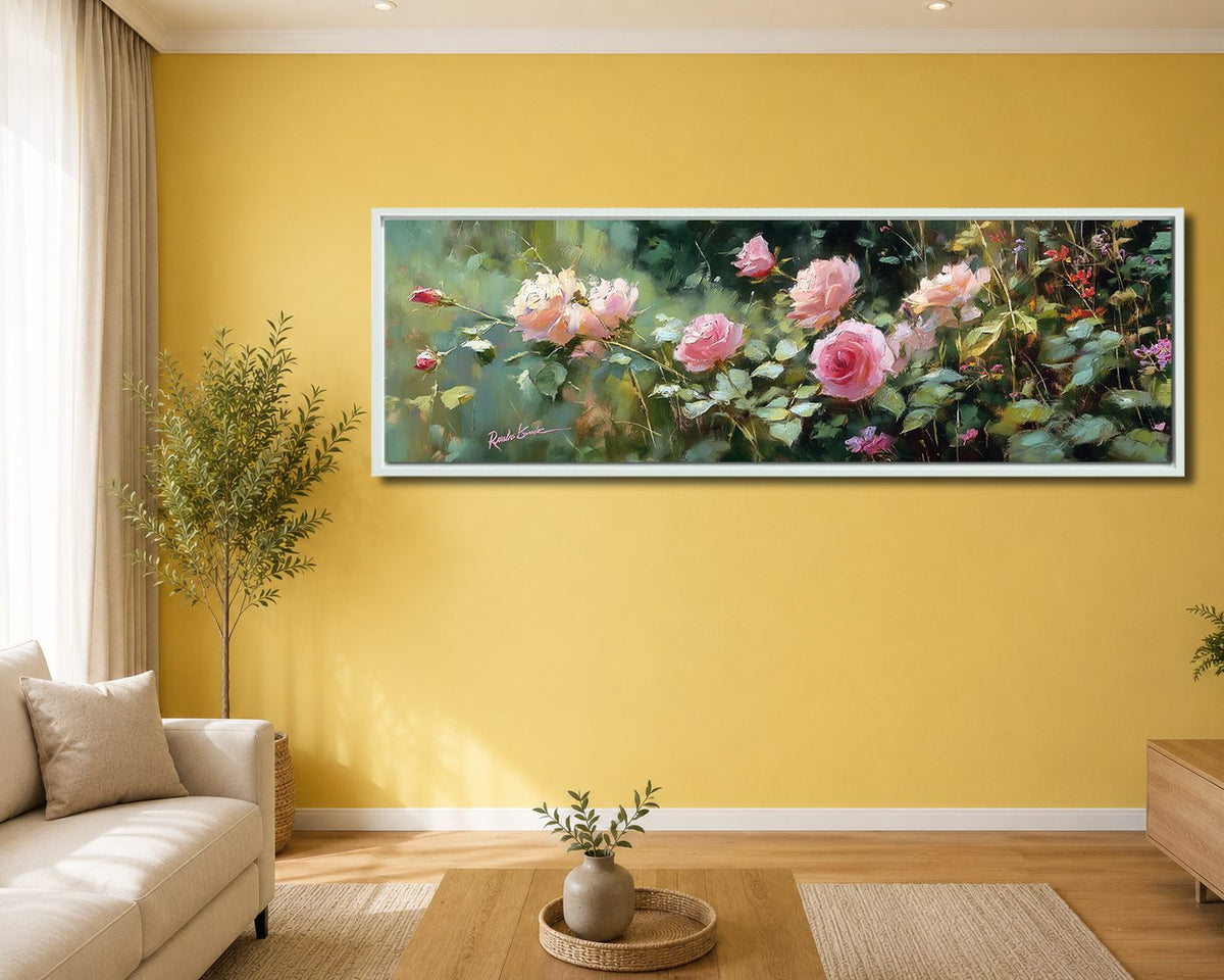 Pink Rose Garden canvas wall art, white floating frame