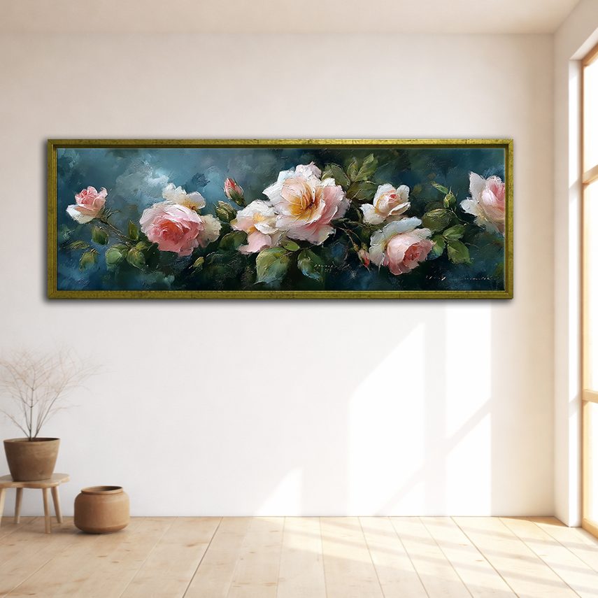 Pink Roses on Dark Teal canvas wall art, gold floating frame