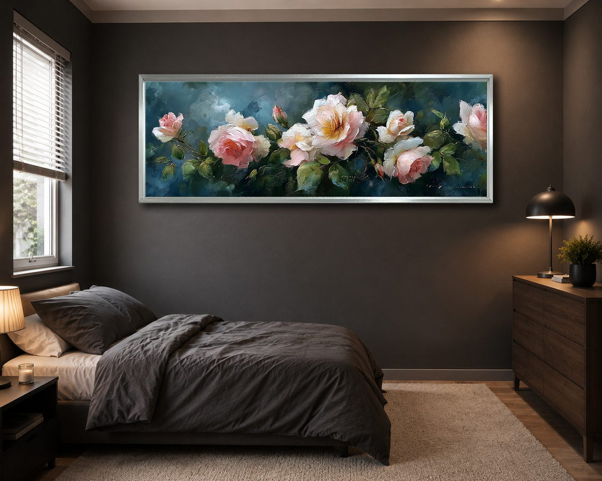 Pink Roses on Dark Teal canvas wall art, silver floating frame