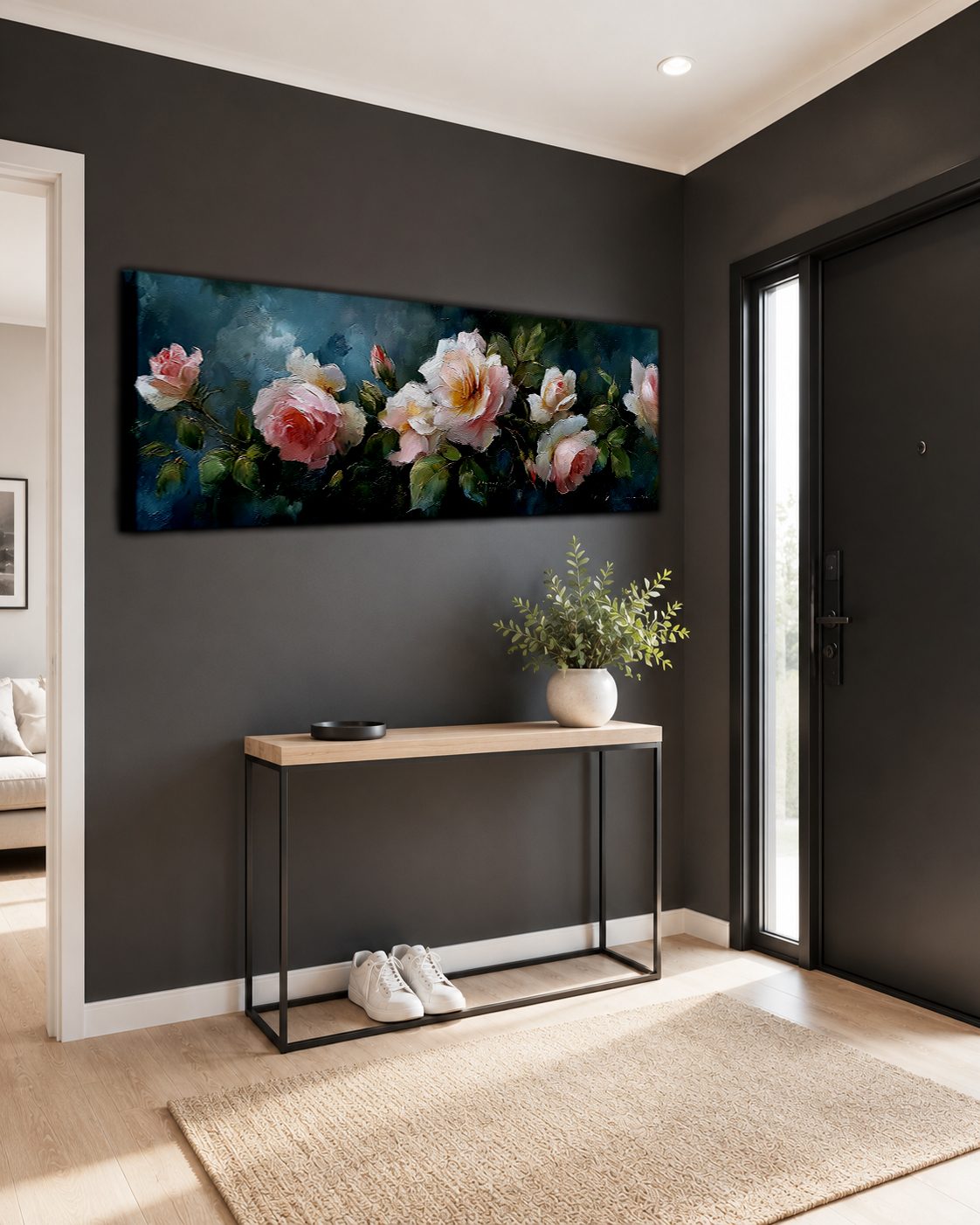 Pink Roses on Dark Teal canvas wall art, unframed canvas