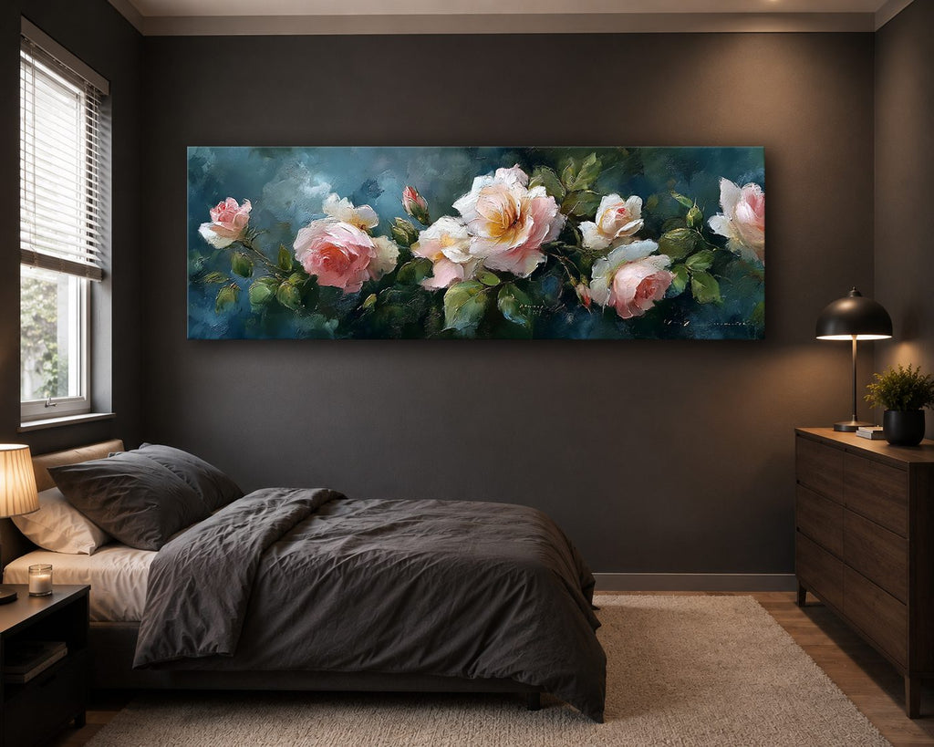 Pink Roses on Dark Teal canvas wall art, unframed canvas