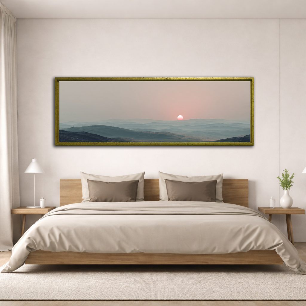 Pink Sun over Misty Hills canvas wall art, antique gold floating frame