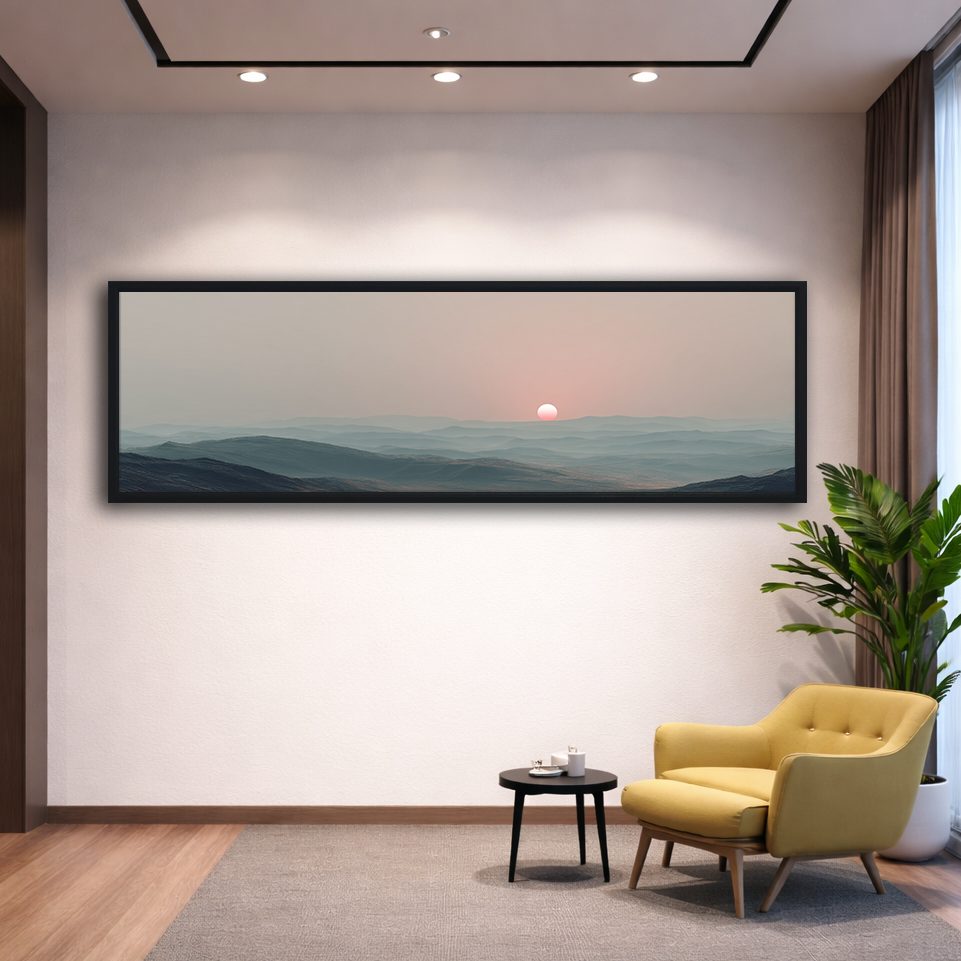 Pink Sun over Misty Hills canvas wall art, black floating frame