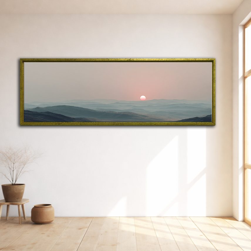 Pink Sun over Misty Hills canvas wall art, gold floating frame