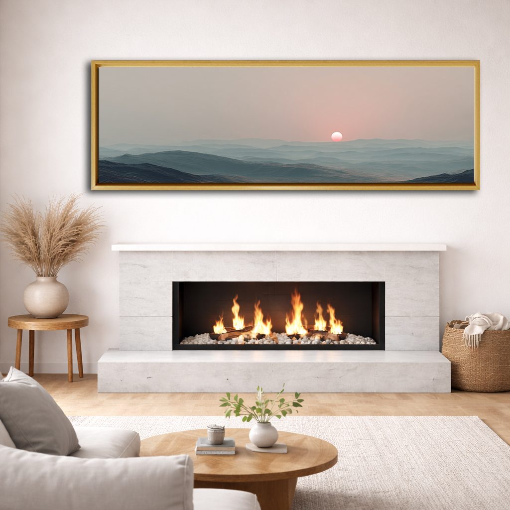 Pink Sun over Misty Hills canvas wall art, natural wood floating frame