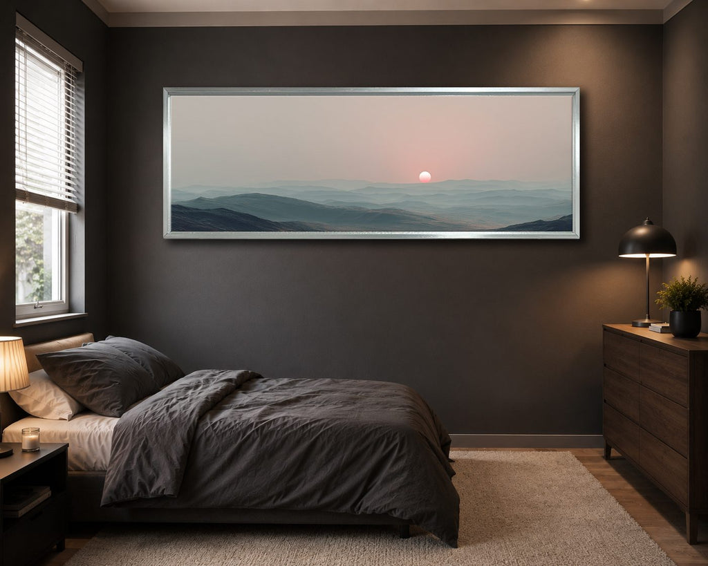 Pink Sun over Misty Hills canvas wall art, silver floating frame