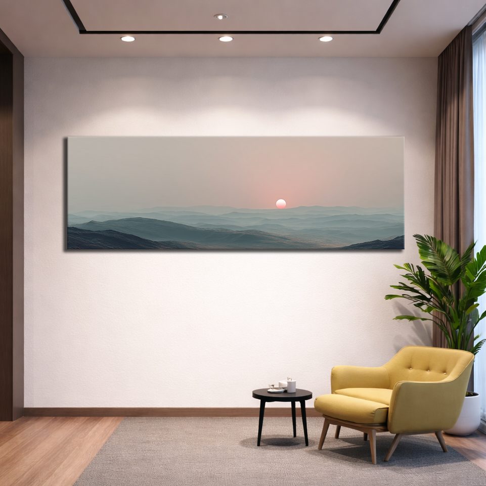Pink Sun over Misty Hills canvas wall art, unframed canvas