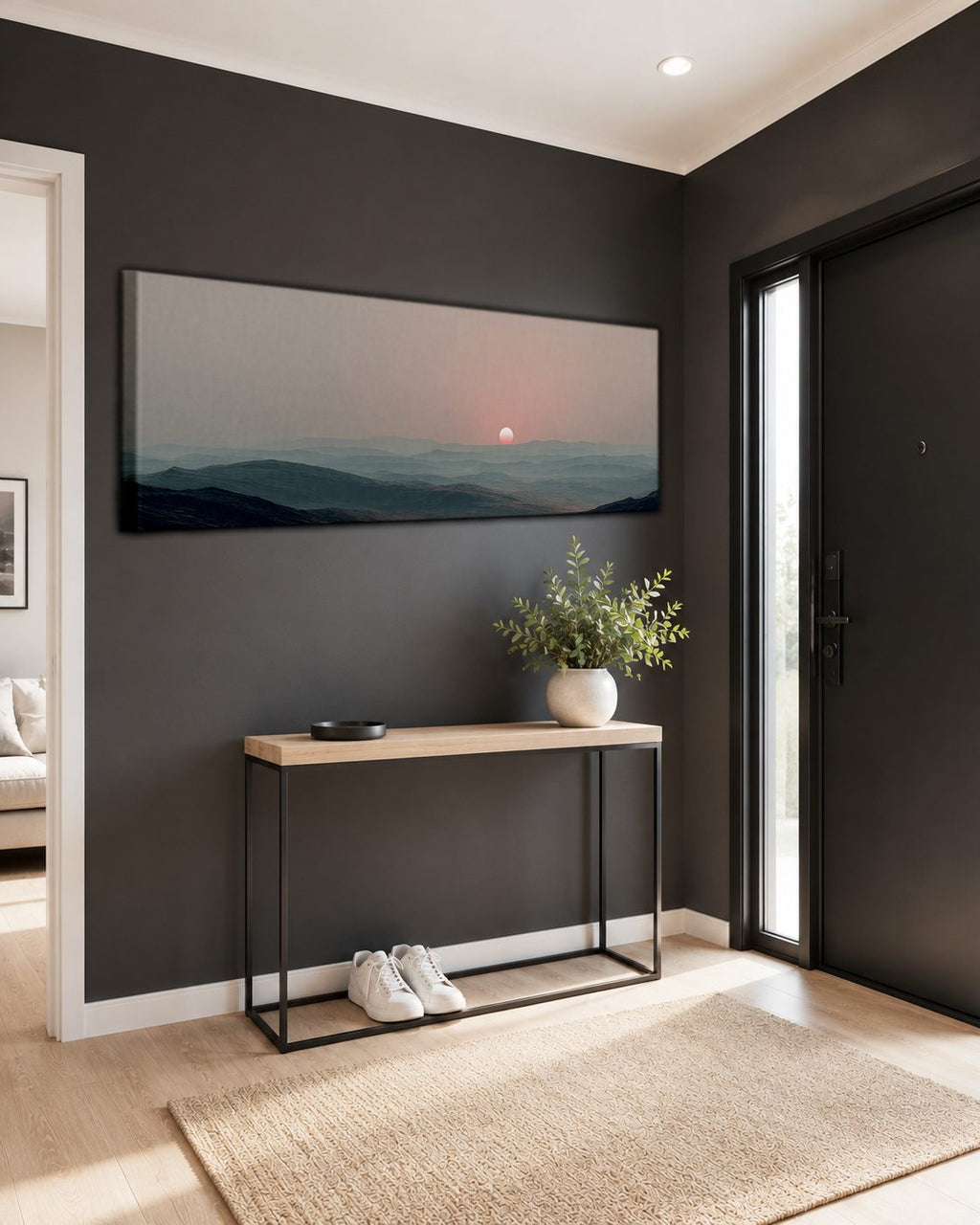 Pink Sun over Misty Hills canvas wall art, unframed canvas
