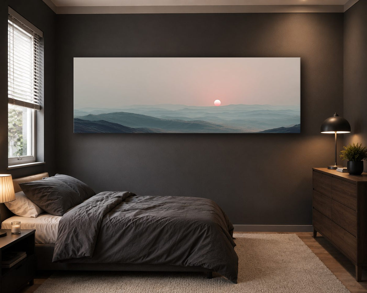 Pink Sun over Misty Hills canvas wall art, unframed canvas