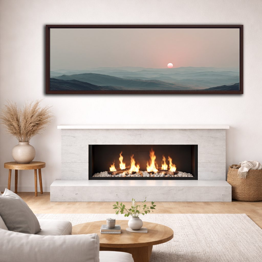 Pink Sun over Misty Hills canvas wall art, walnut floating frame
