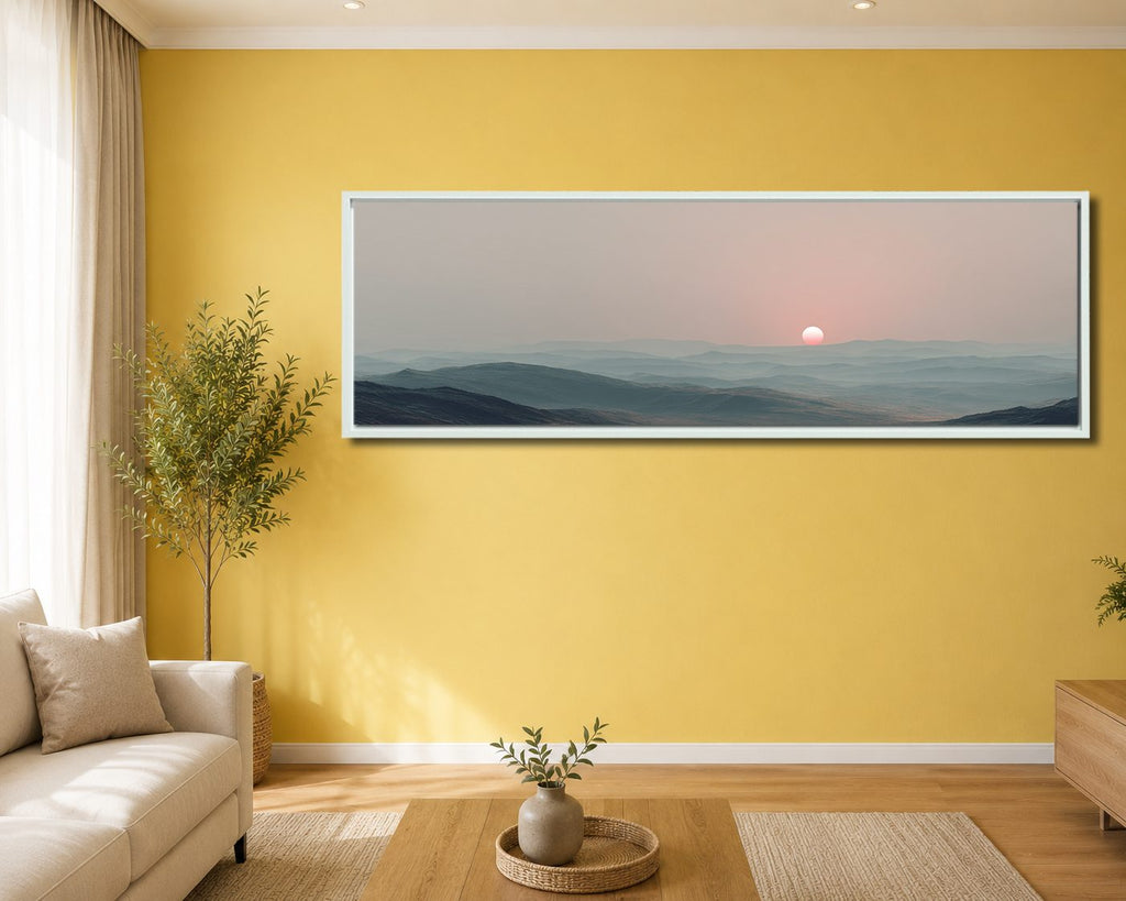 Pink Sun over Misty Hills canvas wall art, white floating frame
