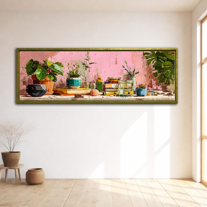 Pink Wall Potted Plants Still Life canvas wall art, gold floating frame