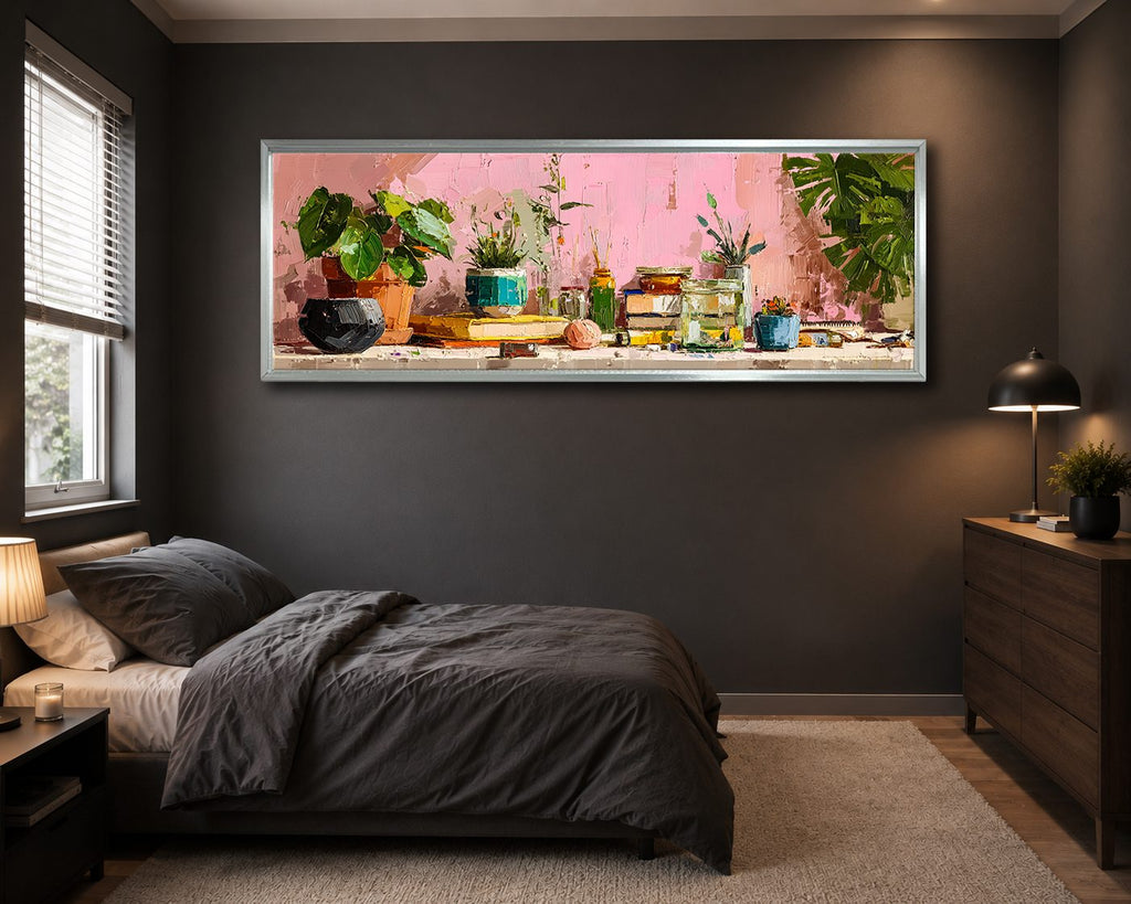 Pink Wall Potted Plants Still Life canvas wall art, silver floating frame