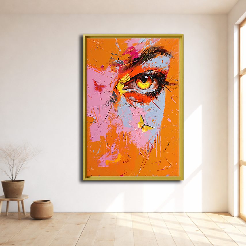 Pop Art Eye with Butterflies canvas wall art, natural wood floating frame