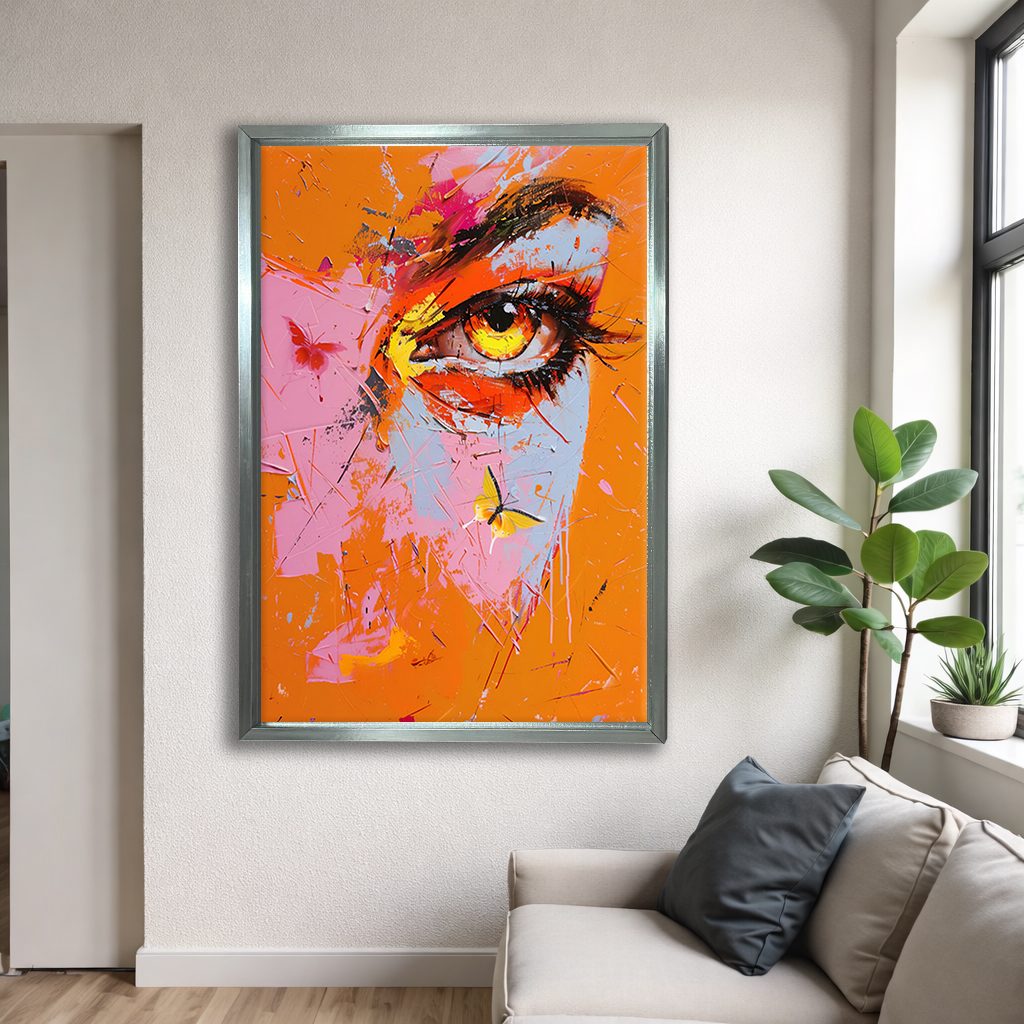 Pop Art Eye with Butterflies canvas wall art, silver floating frame