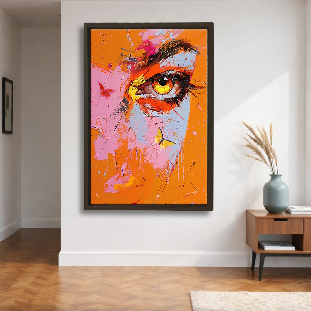 Pop Art Eye with Butterflies canvas wall art, walnut floating frame
