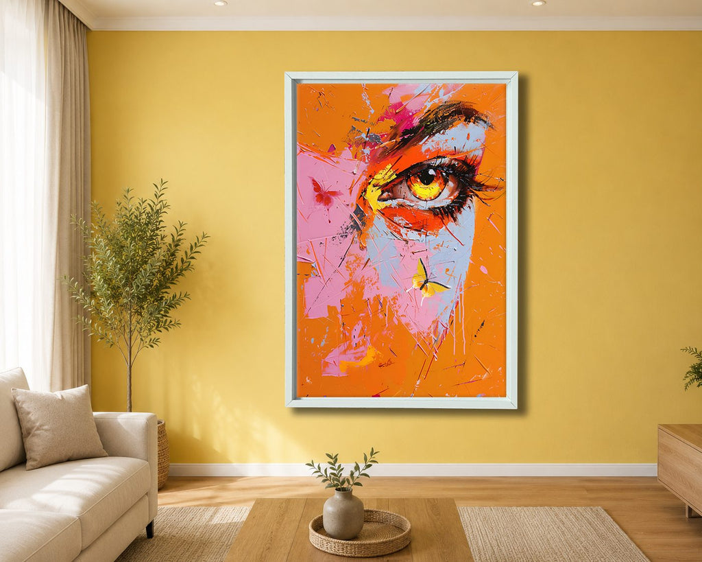 Pop Art Eye with Butterflies canvas wall art, white floating frame