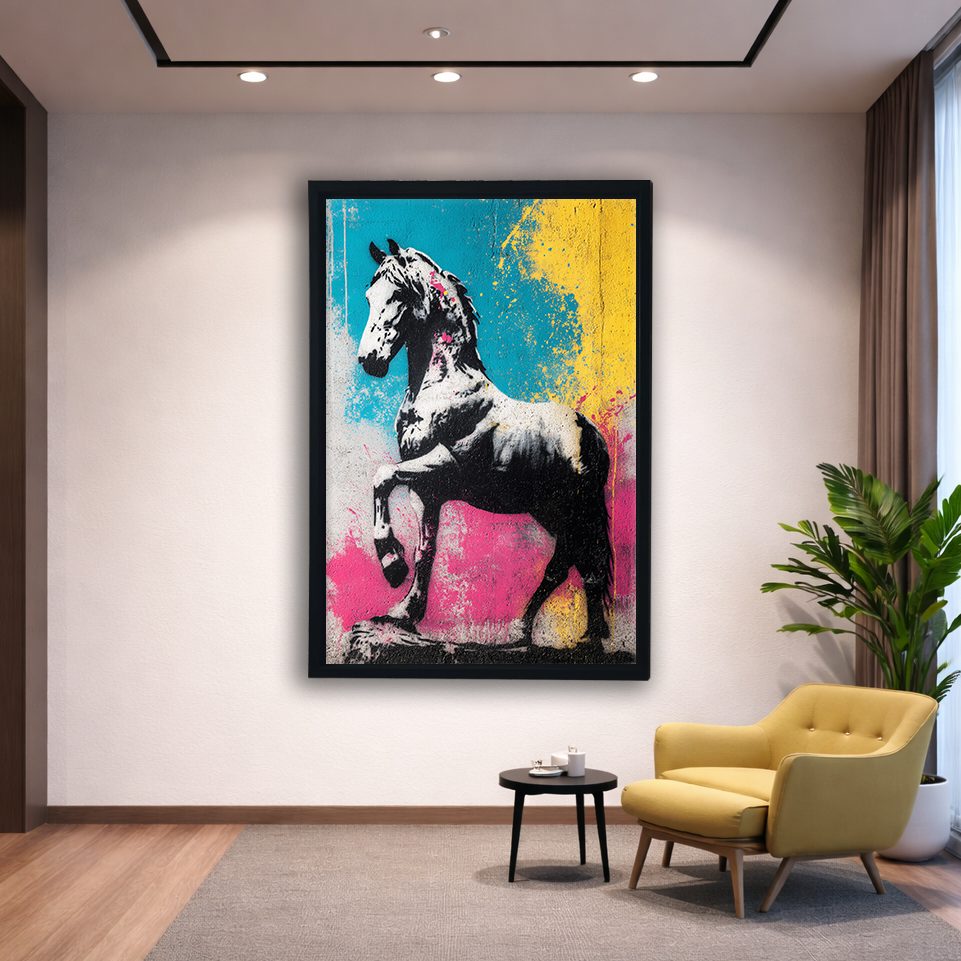 Pop Art Zebra Horse Graffiti canvas wall art, black floating frame