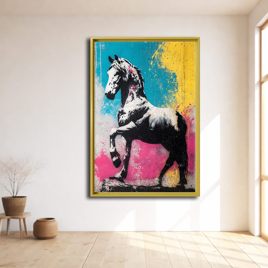 Pop Art Zebra Horse Graffiti canvas wall art, natural wood floating frame