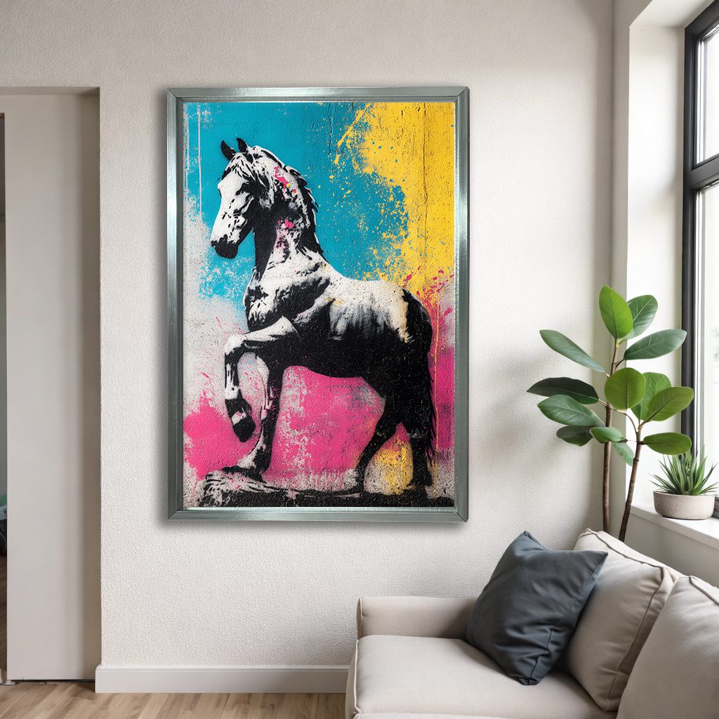 Pop Art Zebra Horse Graffiti canvas wall art, silver floating frame