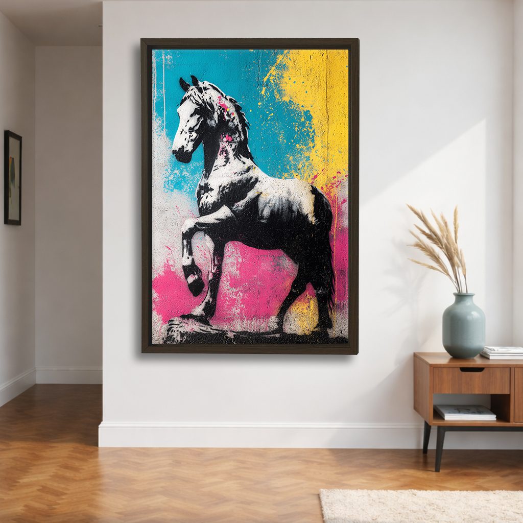Pop Art Zebra Horse Graffiti canvas wall art, walnut floating frame