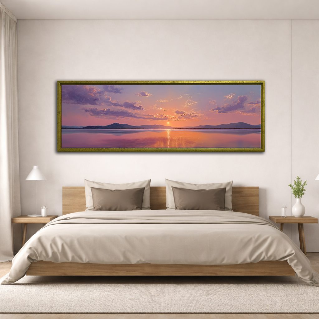 Purple Sunset over Calm Lake canvas wall art, antique gold floating frame