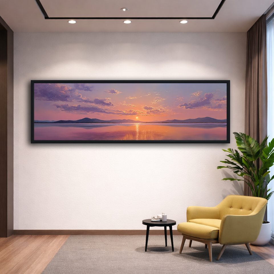 Purple Sunset over Calm Lake canvas wall art, black floating frame
