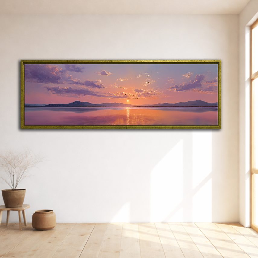 Purple Sunset over Calm Lake canvas wall art, gold floating frame
