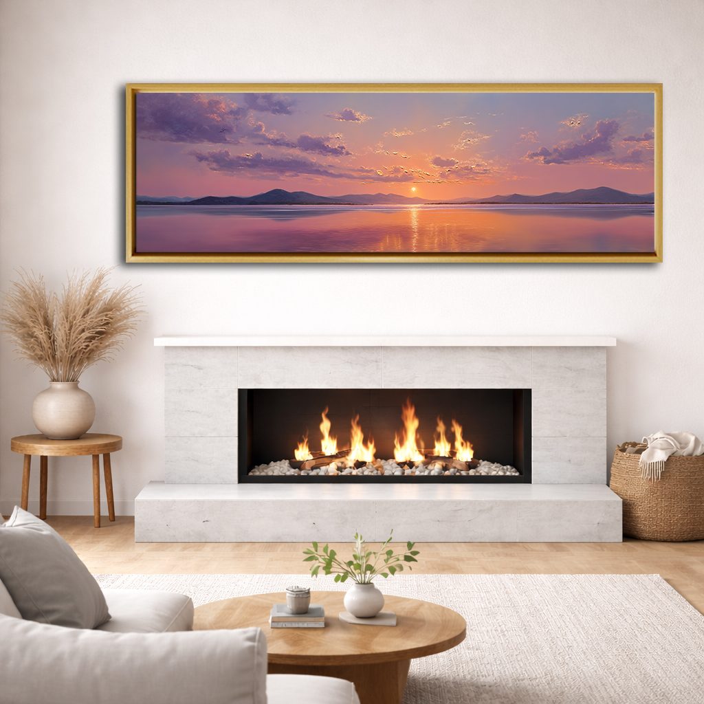 Purple Sunset over Calm Lake canvas wall art, natural wood floating frame