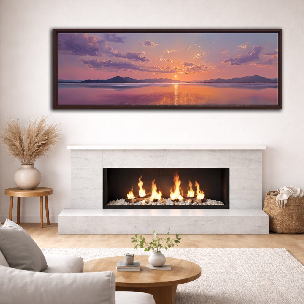 Purple Sunset over Calm Lake canvas wall art, walnut floating frame
