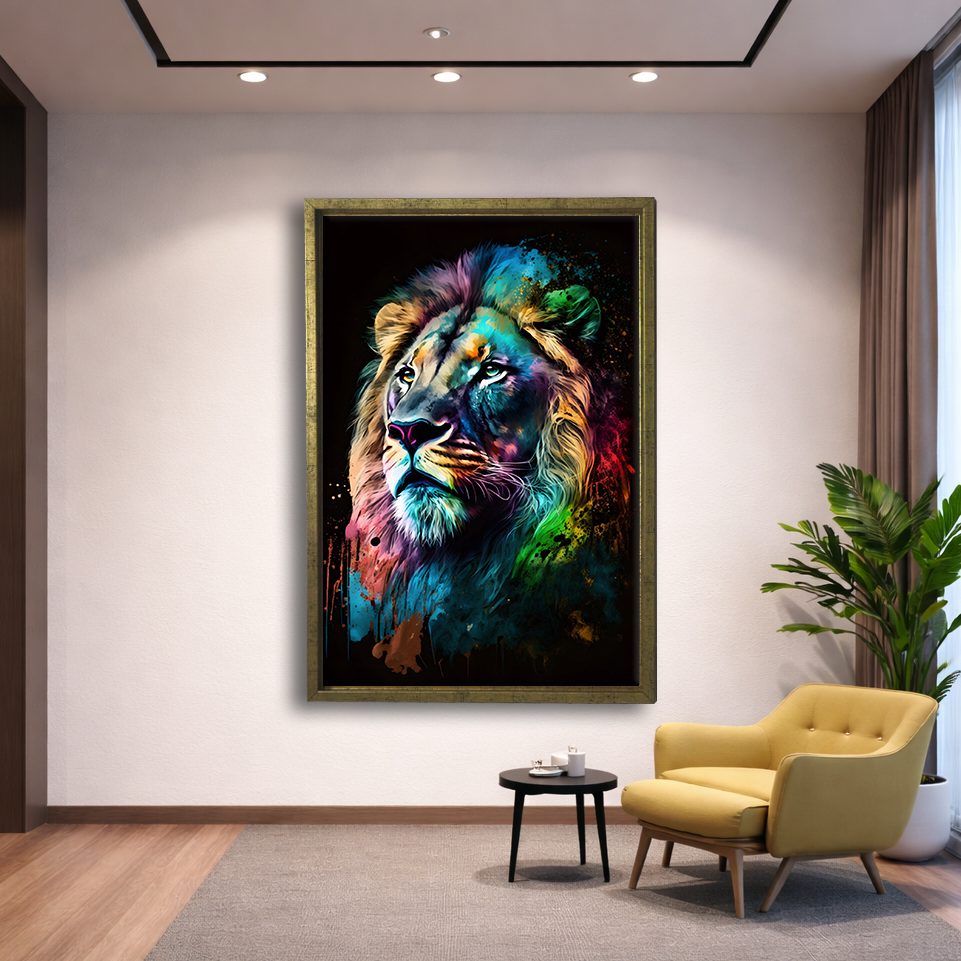Rainbow Lion Portrait canvas wall art, gold floating frame