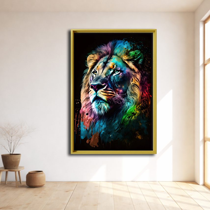 Rainbow Lion Portrait canvas wall art, natural wood floating frame
