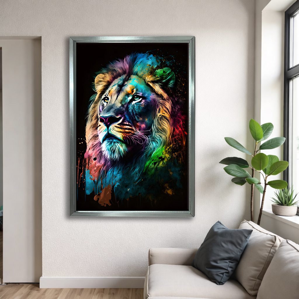 Rainbow Lion Portrait canvas wall art, silver floating frame
