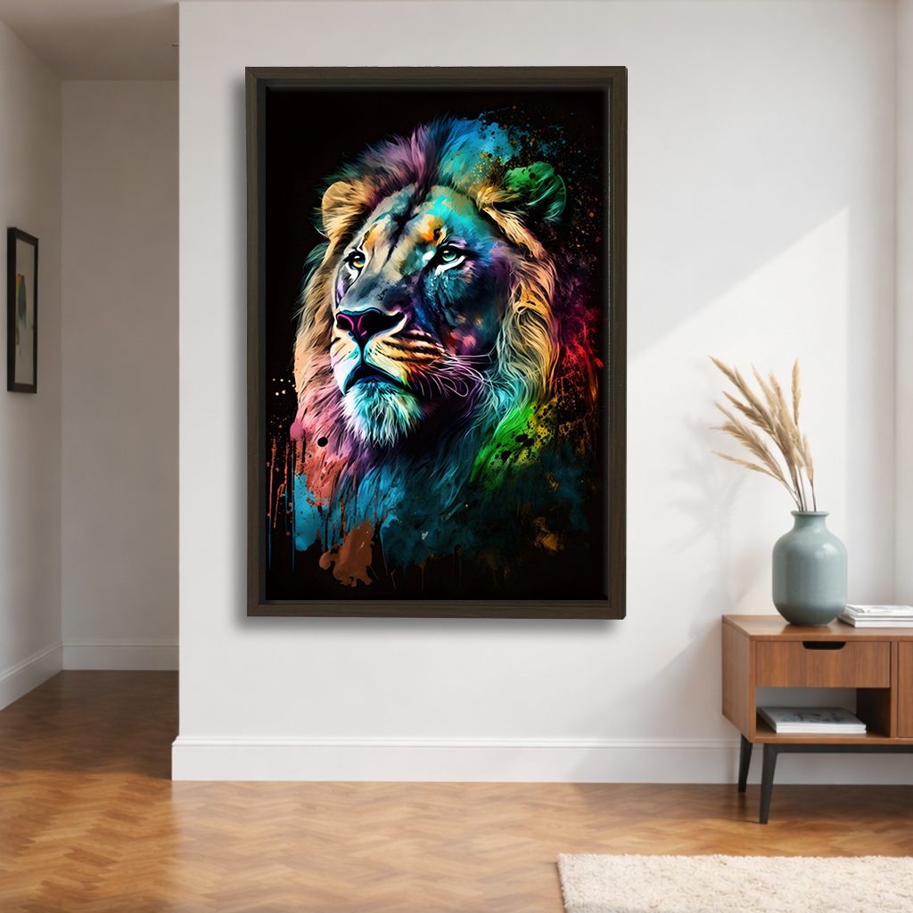 Rainbow Lion Portrait canvas wall art, walnut floating frame